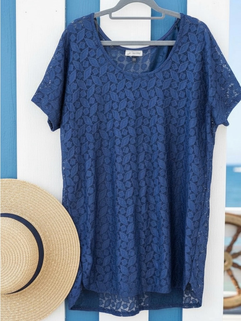 J Valdi Blue Crochet Swim Cover Up Tunic Dress XL Beach